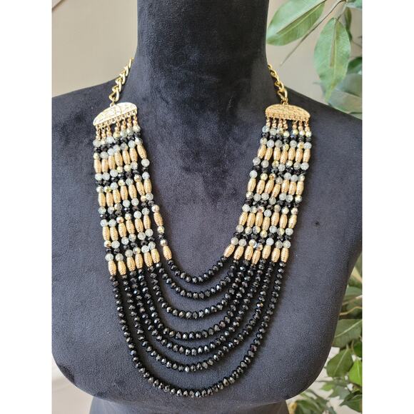 Unbranded Jewelry - Womens Black And Gold Beaded Multilayer Necklace With Lobster Clasp Lock Jewelry